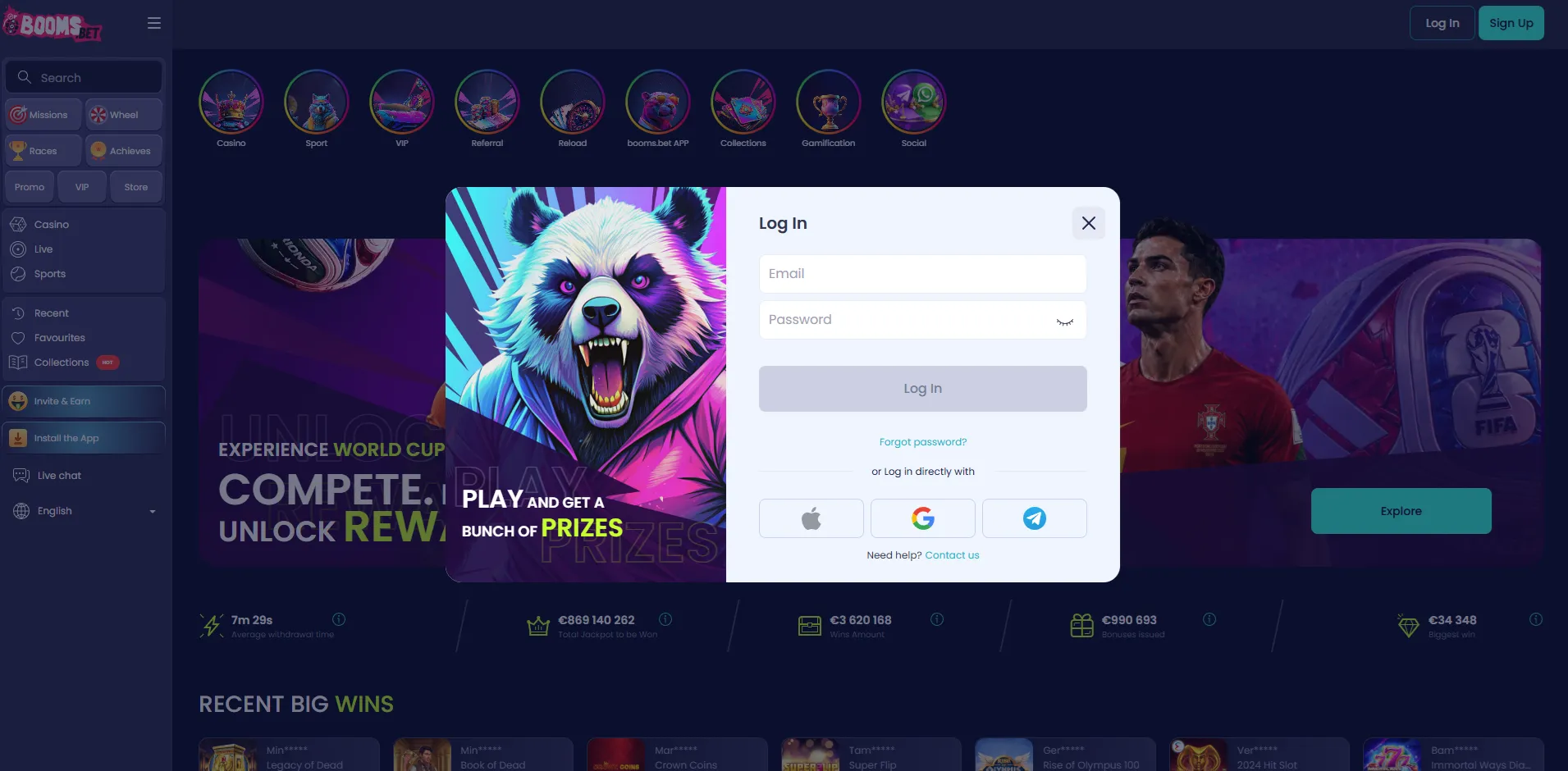 Booms Bet login voor bestaande spelers