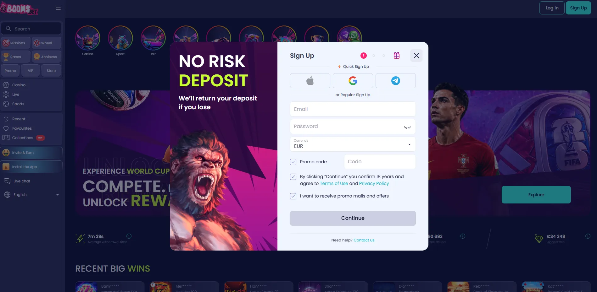 Booms Bet login register